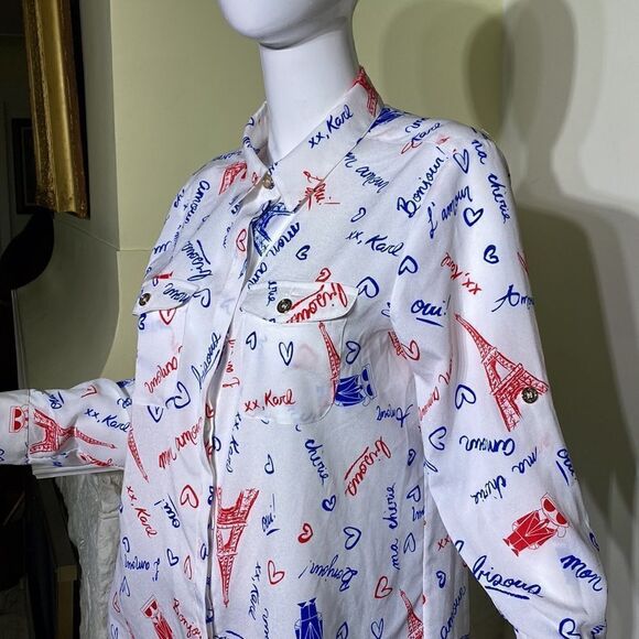 Karl Lagerfeld Paris Amour Red White &Blue Button Down Shirt - Picture 4 of 14